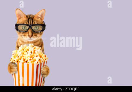 Il simpatico gatto bengalese in occhiali stereo 3D mangia popcorn al cinema su sfondo bianco. Foto Stock