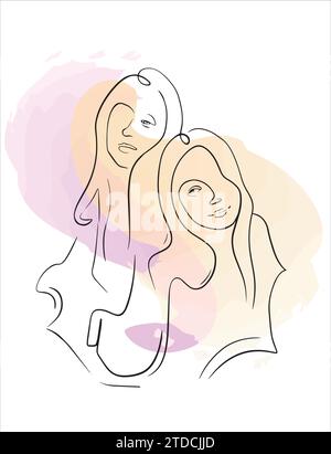 Coppia in uno stile minimalista e una linea scritta a mano su uno sfondo ad acquerello Illustrazione Vettoriale