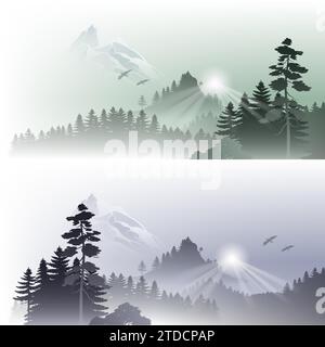 Scenario paesaggistico del bosco con alberi di abete sullo sfondo delle Snowy Mountains. Panorama di silhouette Mountain Ridges con la Foresta in primo piano, S Illustrazione Vettoriale