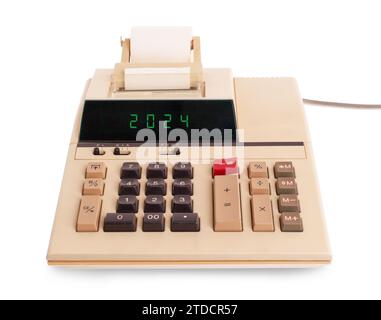 Vecchia calcolatrice che mostra un testo in mostra - 2024, anno nuovo Foto Stock