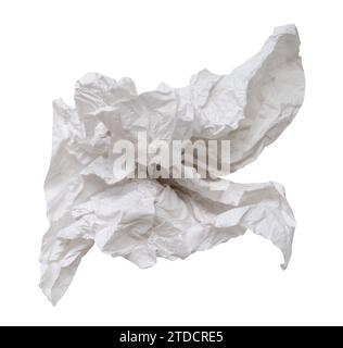 Il salviettino o la carta salviettina a vite o schiacciata in una forma strana dopo l'uso in bagno o toilette è isolato su sfondo bianco con percorso di ritaglio. Foto Stock