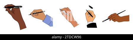 Set di mani diverse con strumenti di scrittura vettoriale. Illustrazione Vettoriale