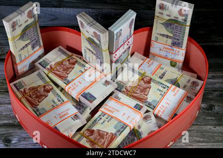 Pile e pile d'Egitto denaro migliaia di sterline banconote banconote in valuta EGP LE, tasso di cambio egiziano e status economico, concetto di moneta, Foto Stock