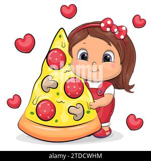 Carina ragazza dei cartoni animati con un grosso pezzo di pizza. Illustrazione vettoriale di una donna su sfondo bianco con cuori rossi. Illustrazione Vettoriale