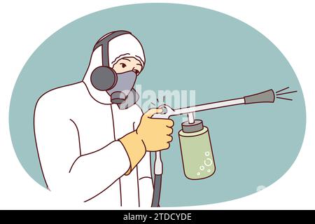 Uomo in protezione uniforme spruzzando pesticida per uccidere insetti e roditori. Sterminatore maschio o lavoratore di controllo di peste in vestito che fa la disinfezione. Illustrazione vettoriale. Illustrazione Vettoriale
