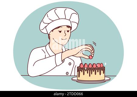 Chef sorridente che decora la torta con frutta. Felice panettiere femminile finale dessert con lamponi. Concetto di cucina e panetteria. Illustrazione vettoriale. Illustrazione Vettoriale