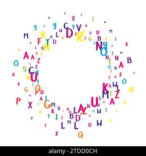 Lettere sparse di alfabeto latino. Coloratissimi personaggi galleggianti in lingua inglese. Concetto di studio delle lingue straniere. Banner di ritorno a scuola su sfondo bianco. Illustrazione Vettoriale