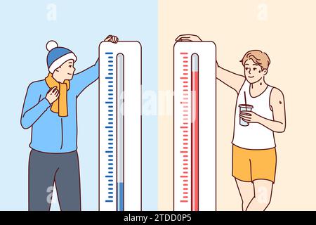 L'uomo si trova vicino a termometri che mostrano temperature diverse e sente caldo o freddo in diversi paesi. Termometri giganti vicino a Happy Guys per riviste con previsioni meteorologiche Illustrazione Vettoriale