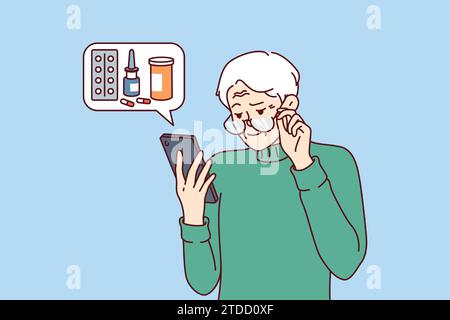 L'uomo anziano ordina medicinali per la consegna a domicilio utilizzando il telefono cellulare dall'applicazione della farmacia. Il pensionato legge le raccomandazioni del ministero della salute sull'uso di medicinali per il trattamento delle malattie. Illustrazione Vettoriale