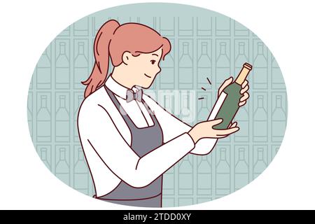 Cameriera sorridente in grembiule scegliendo il vino in cantina. Felice sommelier femminile fare la scelta di drink nel ristorante. Illustrazione vettoriale. Illustrazione Vettoriale