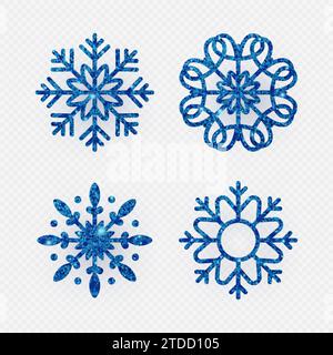Set di fiocchi di neve blu glitter. Simbolo di Natale, inverno. Illustrazione vettoriale Illustrazione Vettoriale