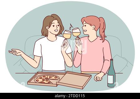 Giovani donne felici seduti sul divano a casa mangiare pizza bere vino. Le ragazze sorridenti si divertono gustando il cibo e il weekend di svago insieme. Illustrazione vettoriale. Illustrazione Vettoriale