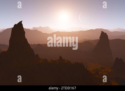Paesaggio marziano con soli e formazioni rocciose, rendering 3d. Foto Stock