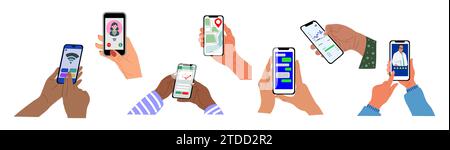 Set di mani che reggono lo smartphone con le app mobili. Illustrazione Vettoriale