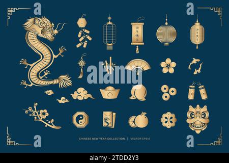 Set di elementi piatti per la decorazione del nuovo anno cinese Lunar, design vettoriale, su sfondo blu scuro Illustrazione Vettoriale