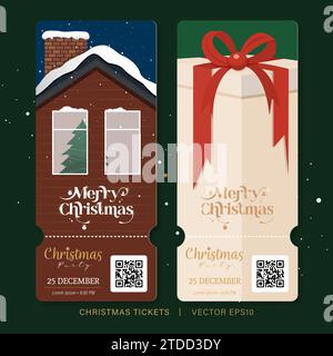 Buono per Natale, biglietto d'invito, biglietto per la festa o set di due tag, banner verticale, design vettoriale Illustrazione Vettoriale