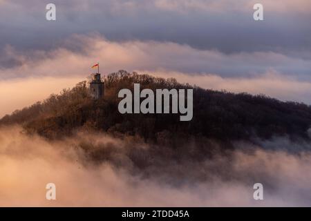 Königsteiner Burgen im Nebel die Burgruine Falkenstein ragt am Morgen bei Sonnenaufgang aus einer Nebeldecke., Königstein Hessen Deutschland *** Königstein castelli nella nebbia le rovine del castello di Falkenstein sorgono da una coperta di nebbia all'alba , Königstein Assia Germania Foto Stock