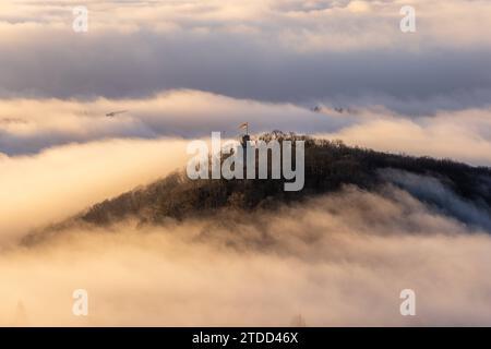 Königsteiner Burgen im Nebel die Burgruine Falkenstein ragt am Morgen bei Sonnenaufgang aus einer Nebeldecke., Königstein Hessen Deutschland *** Königstein castelli nella nebbia le rovine del castello di Falkenstein sorgono da una coperta di nebbia all'alba , Königstein Assia Germania Foto Stock