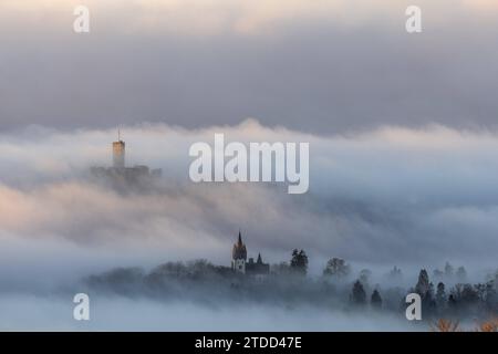 Königsteiner Burgen im Nebel die Burgruine Königstein sowie die Villa Andreae Schneider-Villa ragen am Morgen aus einer Nebeldecke., Königstein Hessen Deutschland *** Königstein castelli nella nebbia le rovine del castello di Königstein e della villa Andreae Schneider sorgono da una coperta di nebbia al mattino , Königstein Hessen Germania Foto Stock