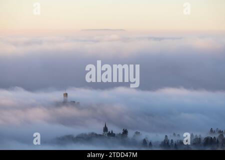 Königsteiner Burgen im Nebel die Burgruine Königstein sowie die Villa Andreae Schneider-Villa ragen am Morgen aus einer Nebeldecke., Königstein Hessen Deutschland *** Königstein castelli nella nebbia le rovine del castello di Königstein e della villa Andreae Schneider sorgono da una coperta di nebbia al mattino , Königstein Hessen Germania Foto Stock