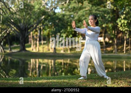 Tutta la donna anziana sorridente che pratica Qigong vicino al lago durante l'alba. Foto Stock