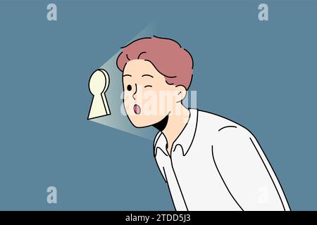 Un uomo d'affari curioso guarda attraverso il buco della chiave, cercando di scoprire i segreti aziendali di concorrenti o partner. Un dirigente d'azienda spierà i subordinati per evitare azioni indesiderate da parte dei dipendenti dell'azienda Illustrazione Vettoriale