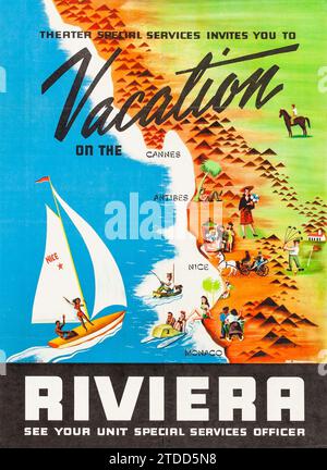 Poster di viaggio vintage per le vacanze dell'esercito degli Stati Uniti - servizi speciali della Costa Azzurra (verso la fine degli anni '1940). Poster di viaggio - opere d'arte di Ray Irwin - Cannes, Antibes, Nizza, Mo Foto Stock