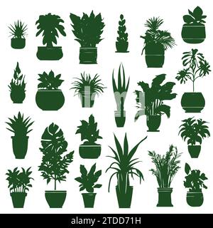 Silhouette da collezione, piante da casa. Piante in vaso isolate su bianco. Adagiate piante tropicali verdi. Arredamento alla moda con piante da interno e fioriere Illustrazione Vettoriale