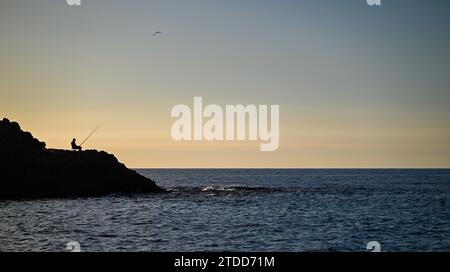 Isolata ad alta definizione di una silhouette da pescatore durante il tramonto sulla spiaggia - Israele Foto Stock