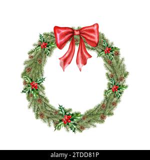 Illustrazione ad acquerello di una corona di Natale dai rami dell'albero di Natale. Illustrazione natalizia per logo e biglietti per Capodanno. Corona di Natale disegnata a mano Foto Stock