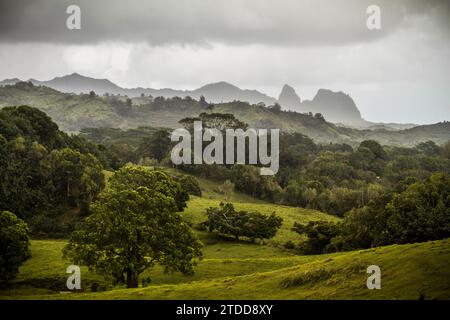 Colline ondulate e lontane montagne esotiche Foto Stock