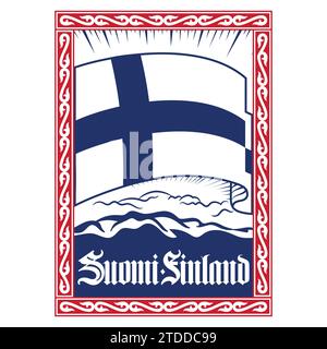 Design in stile vichingo. Bandiera finlandese d'epoca incorniciata da un antico motivo celtico scandinavo e dall'iscrizione Finlandia Illustrazione Vettoriale