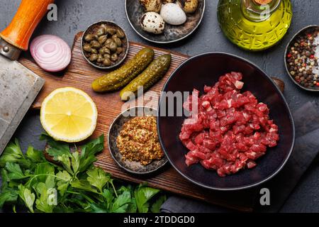 Cottura di una saporita tartare di manzo con cetriolini sottaceto e pane tostato. Spianatura piatta Foto Stock