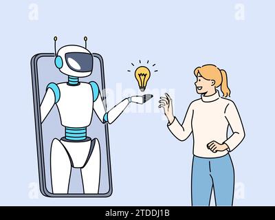 Donna comunica con i bot di chat ai al telefono tramite un'applicazione mobile e utilizza l'intelligenza artificiale per trovare nuove idee. Il robot sullo schermo dello smartphone simboleggia i bot di chat che rispondono alle domande degli utenti Illustrazione Vettoriale