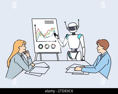 Il robot dell'intelligenza artificiale parla con le persone che lavorano nella sala riunioni aziendale per discutere i piani aziendali. Lavoro di squadra di dipendenti e robot in ufficio per raggiungere gli obiettivi e automatizzare i processi aziendali Illustrazione Vettoriale