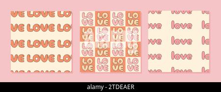 Set di semplici motivi astratti in stile psichedelico degli anni '60 e '70 con l'amore per le parole. Sfondi squadrati con carattere a fumetti. Valentine d Illustrazione Vettoriale