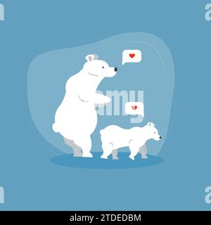 Simpatico orso polare madre con cucciolo di vitello bambino e cuore nella bolla del messaggio su sfondo blu. Ideale per la festa della mamma o per l'asilo dei bambini Illustrazione Vettoriale