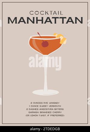 Manhattan Classic cocktail guarnito con ciliegia al maraschino. Stampa artistica su parete ricetta classica per bevande alcoliche. Poster dell'aperitivo estivo. Minimalista Illustrazione Vettoriale