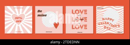 Set di biglietti d'auguri di San Valentino in stile classico anni '60 '70 '80. Banner quadrato di vendita per post sui social media. Adoro la stampa creativa e minimalista. Web Illustrazione Vettoriale
