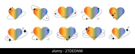 Set vettoriale di elemento estetico aura cuore colorato arcobaleno sfocato con cornice lineare e forme. Simbolo d'amore gay queer nel design alla moda y2k Illustrazione Vettoriale