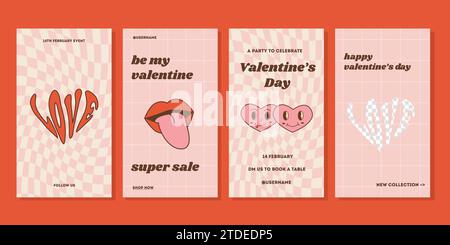 Carte hippie vintage di San Valentino in stile anni '60 '70 '80. Biglietto d'auguri per San Valentino. Modello di storia sui social media per marketing e vendita Illustrazione Vettoriale