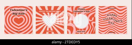 Set di biglietti d'auguri di San Valentino in stile classico anni '60 '70 '80. Banner quadrato di vendita per post ig sui social media. Ami la stampa creativa e minimalista. Web Illustrazione Vettoriale