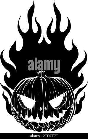 silhouette nera del personaggio della zucca di halloween con fiamma di fuoco su sfondo bianco. Illustrazione Vettoriale