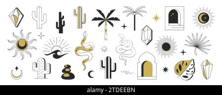 Loghi lineari bohémien vettoriali. Cactus con logo boho, sole, luna, cristalli, palme, icone finestra e deserto. Magia esoterica mistica celeste ed elementi geometrici astratti. Set di simboli di linea. Illustrazione Vettoriale