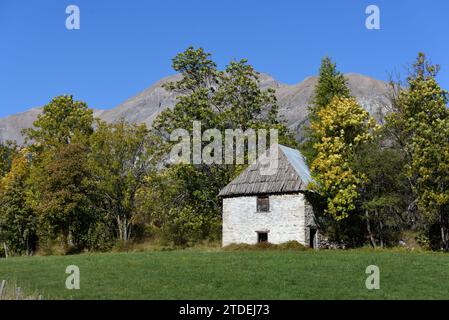 Edificio della vecchia fattoria con tetto in legno a ciottoli, fienile o Cabanon Allos France Foto Stock
