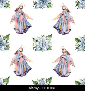 Hand painted watercolor trumpeting flying angels with stars, seamless pattern Stock Photo