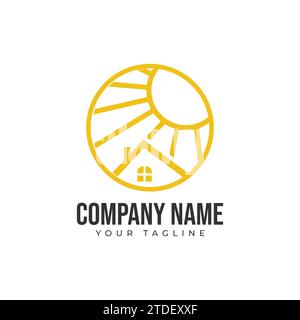 Logo Sun Homes linea di design vettoriale Vector. Immagine vettoriale del design della linea del tetto della casa all'alba Illustrazione Vettoriale