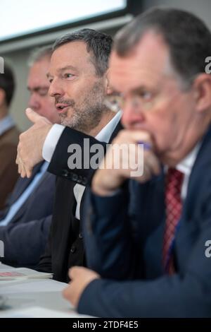 Bruxelles, Belgio. 18 dicembre 2023. Il governatore della Banca nazionale (BNB-NBB) Pierre Wunsch è raffigurato durante una conferenza stampa della banca nazionale belga BNB/ NBB per presentare le previsioni economiche annuali, lunedì 18 dicembre 2023 a Bruxelles. BELGA PHOTO JONAS ROOSENS Credit: Belga News Agency/Alamy Live News Foto Stock