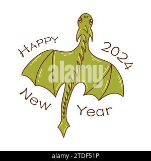 Drago verde volante. Buon testo per l'anno nuovo 2024. Illustrazione colorata isolata vettoriale disegnata a mano. Simbolo dell'anno 2024. Rettile da Asian co Illustrazione Vettoriale