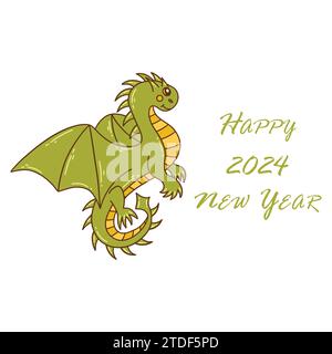 Il drago verde vola in aria. Buon testo per l'anno nuovo 2024. Illustrazione colorata isolata vettoriale disegnata a mano. Simbolo dell'anno 2024. Rif Illustrazione Vettoriale